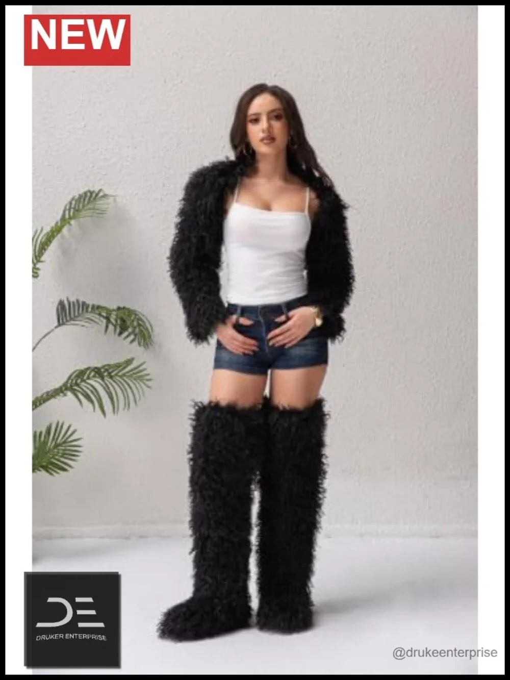Women Over the Knee Fluffy Faux Fur Winter Boots Adjustable Leather Trim